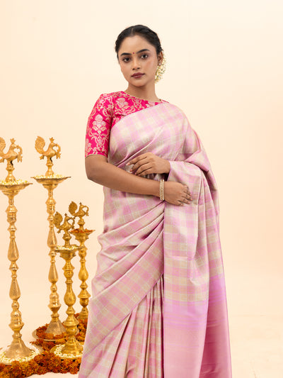 Lilac and Pastel Pink Borderless Checks Pure Kanjivaram Silk Saree