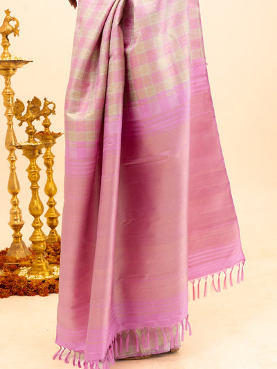 Lilac and Pastel Pink Borderless Checks Pure Kanjivaram Silk Saree