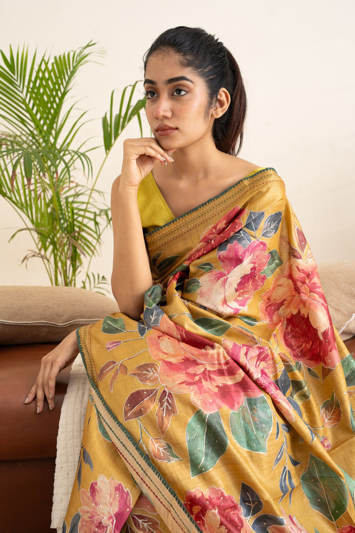 Marigold Yellow Floral Printed Embroidered Pure Tussar Saree - Clio Silks