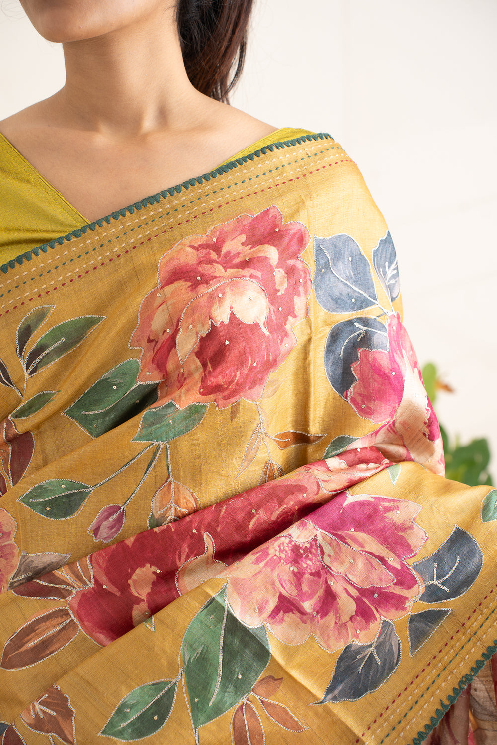 Marigold Yellow Floral Printed Embroidered Pure Tussar Saree - Clio Silks