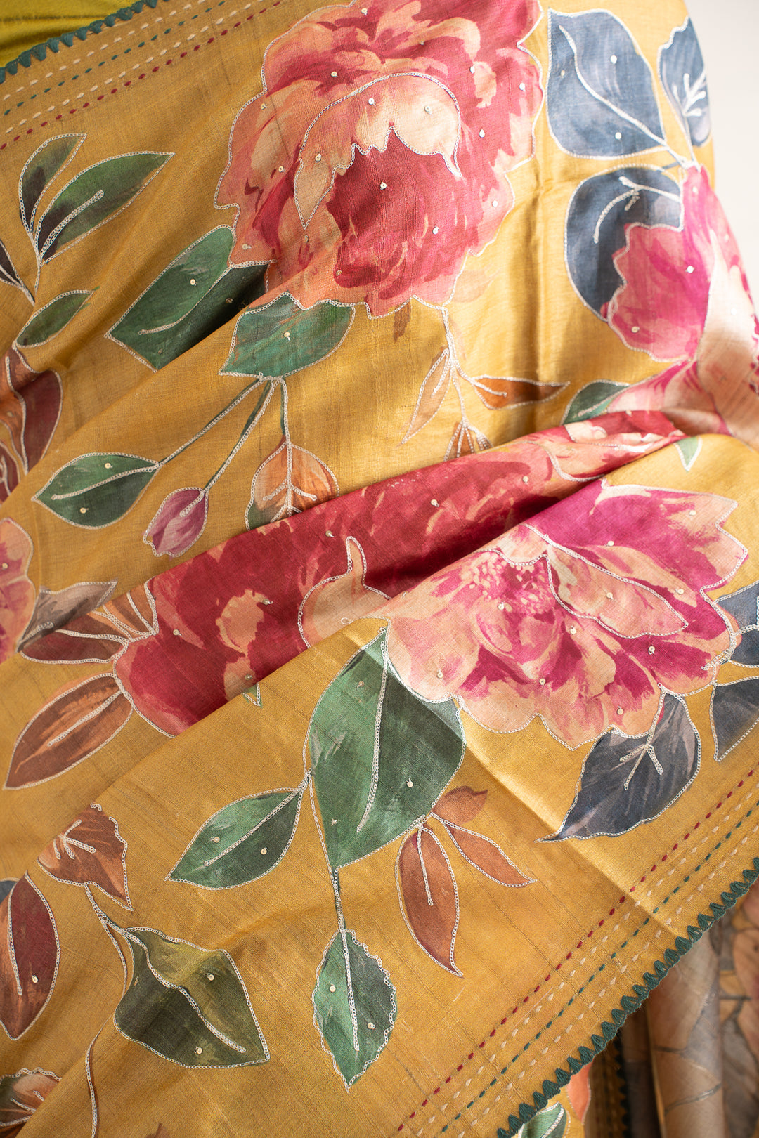 Marigold Yellow Floral Printed Embroidered Pure Tussar Saree - Clio Silks
