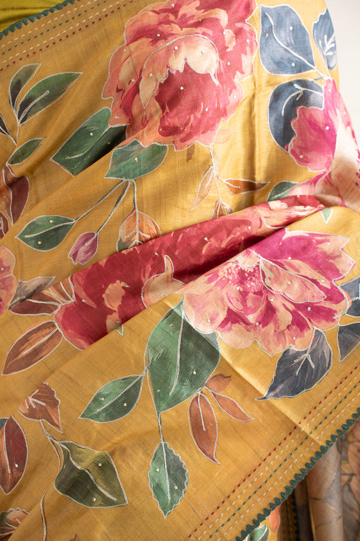 Marigold Yellow Floral Printed Embroidered Pure Tussar Saree - Clio Silks