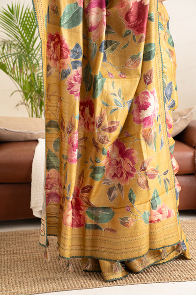 Marigold Yellow Floral Printed Embroidered Pure Tussar Saree - Clio Silks