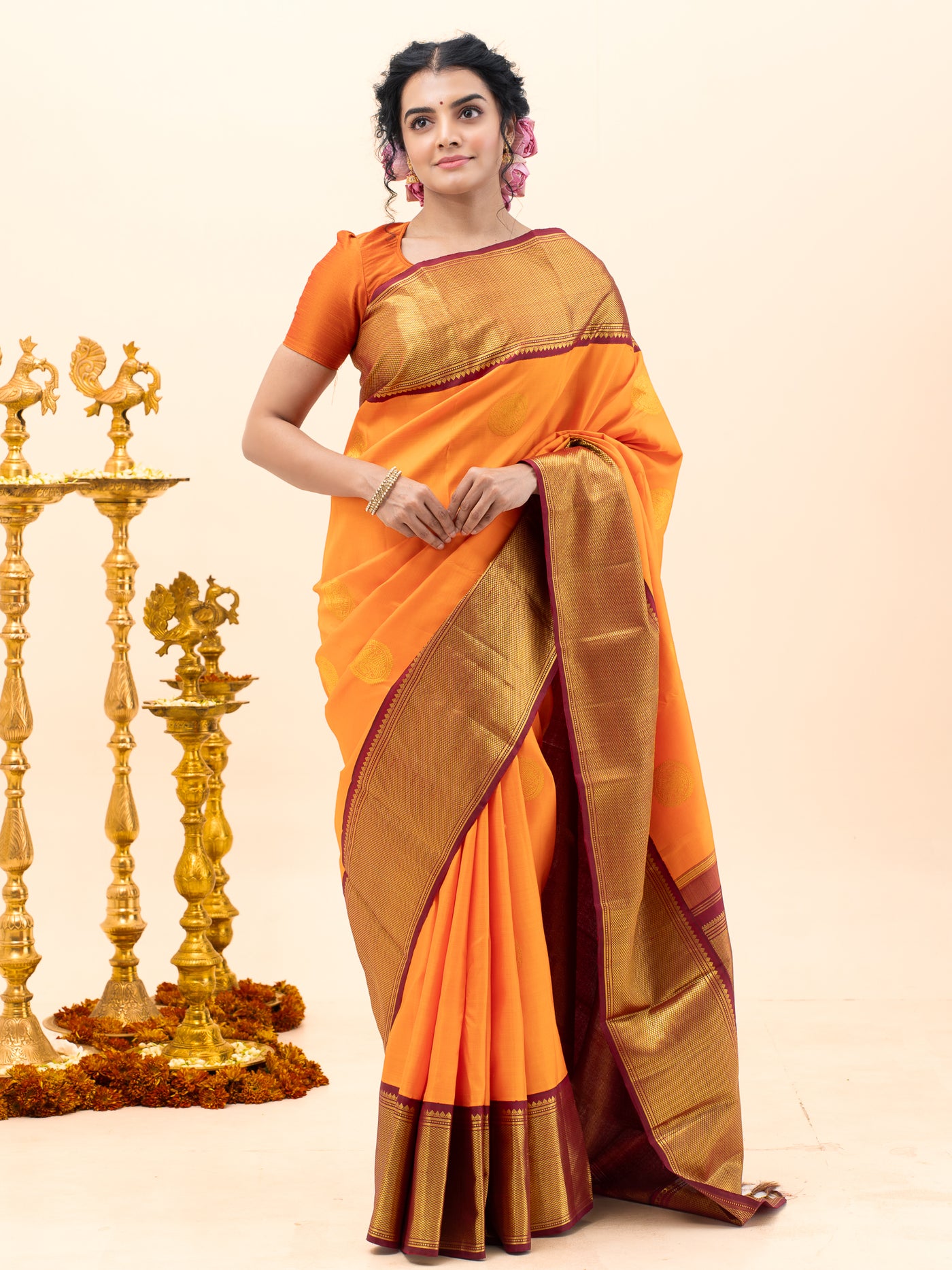 Orange and Maroon Traditional Pure Kanjivaram Silk Saree