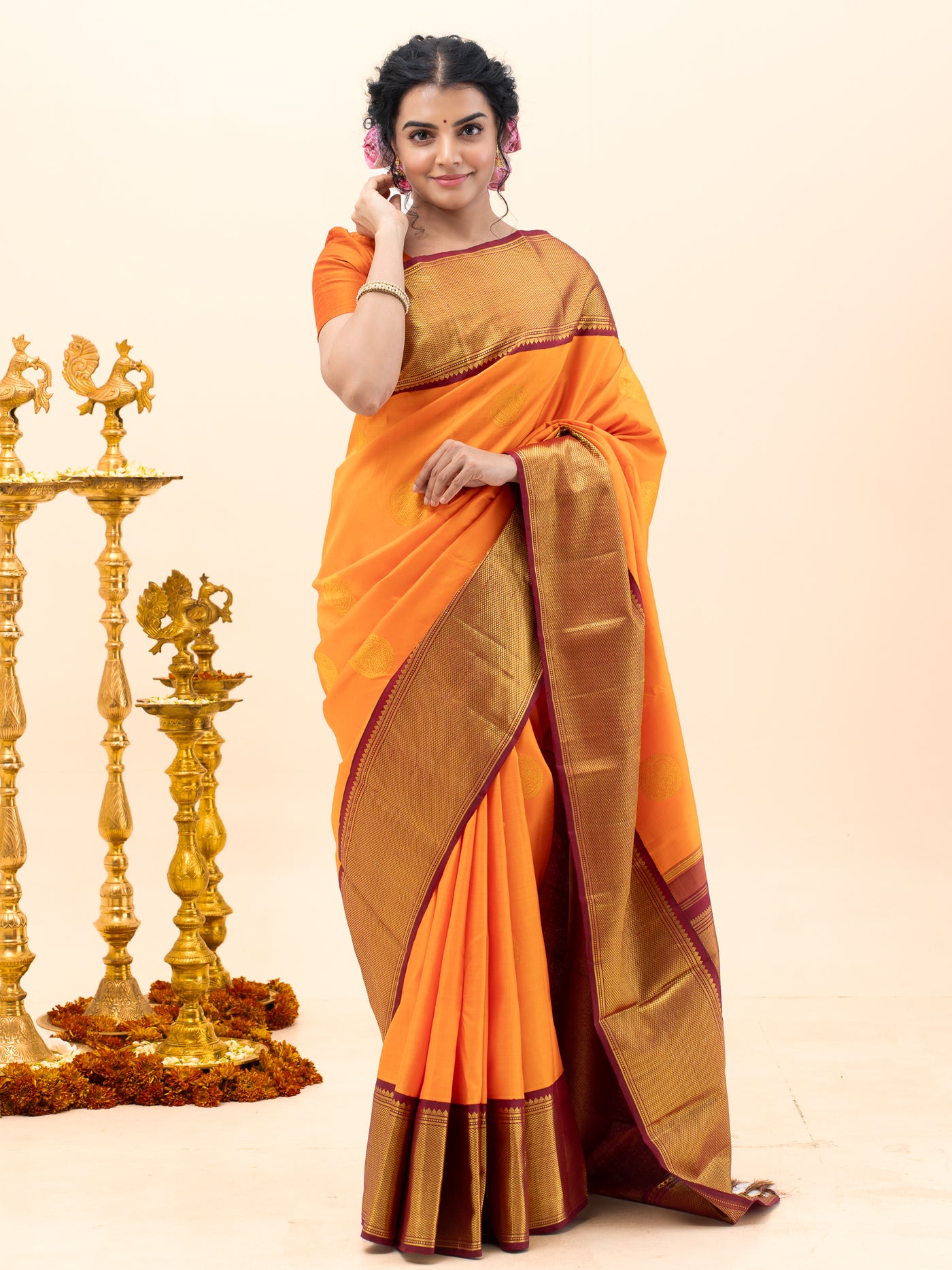 Orange and Maroon Traditional Pure Kanjivaram Silk Saree