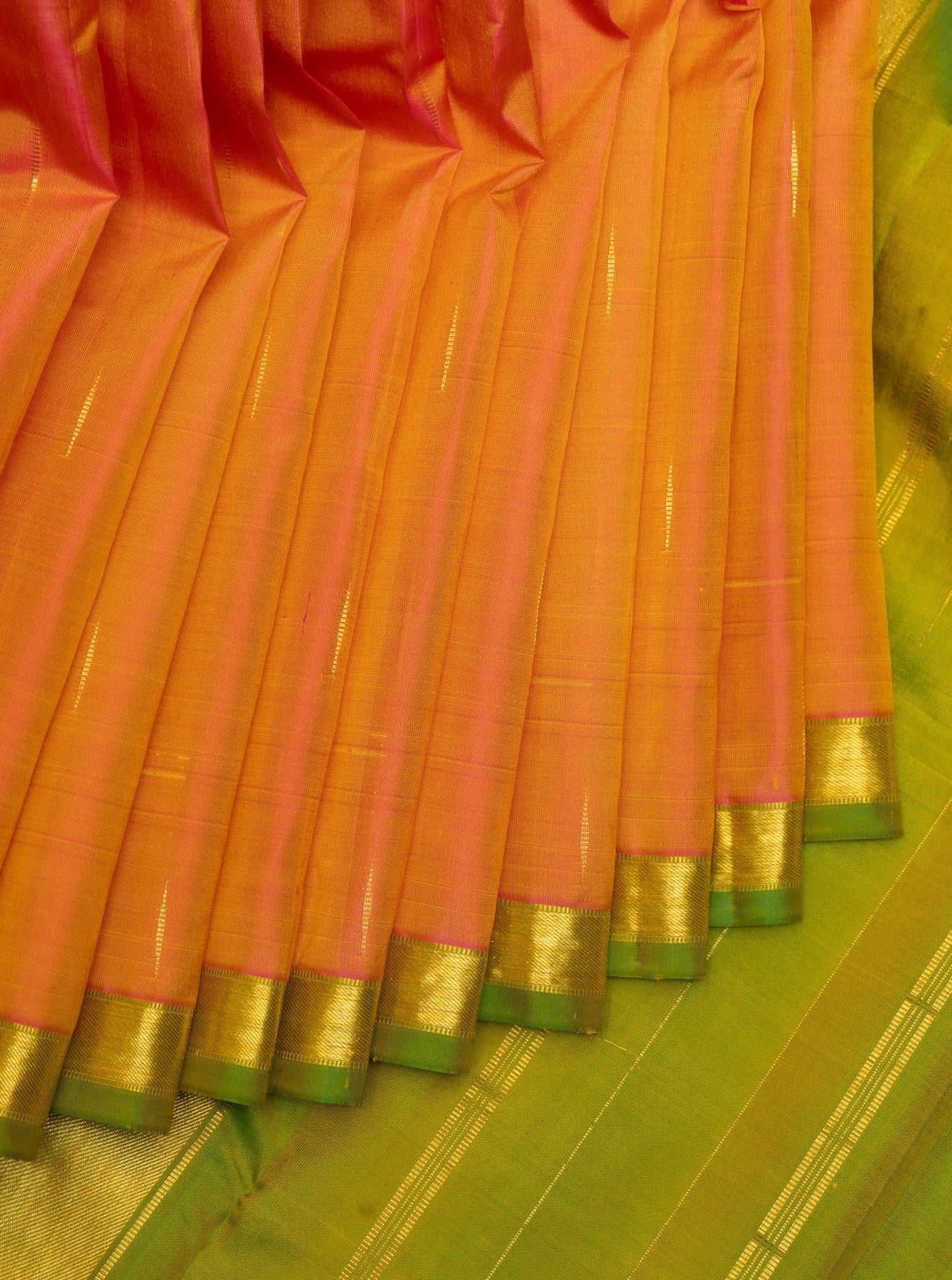 Orange and Green Small Border Pure Kanchipuram Silk Saree - Clio Silks