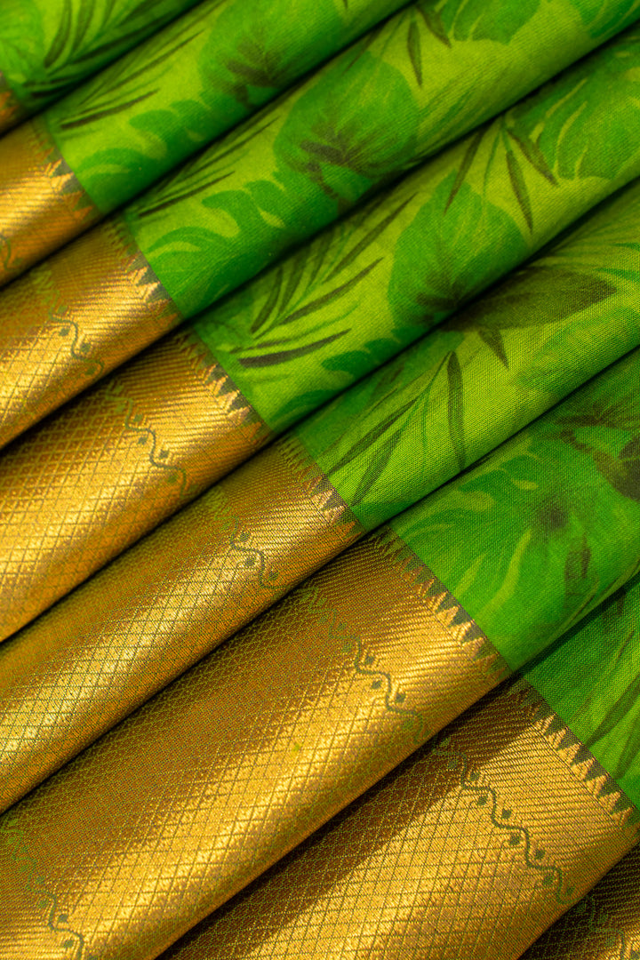 Parrot green printed pure kanjivaram silk saree