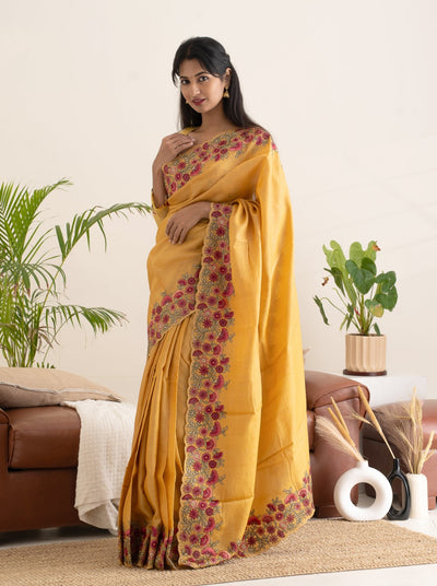 Yellow Floral Embroidered Pure Tussar Saree - Clio Silks