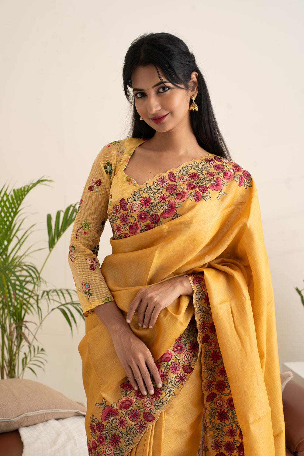 Yellow Floral Embroidered Pure Tussar Saree - Clio Silks