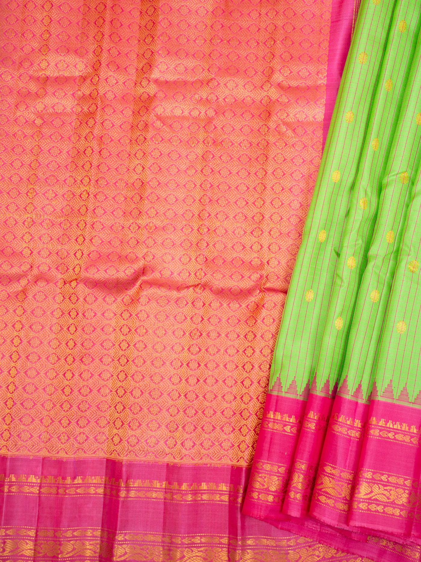 Chartreuse Green and Pink Pure Gadwal Silk Saree - Clio Silks