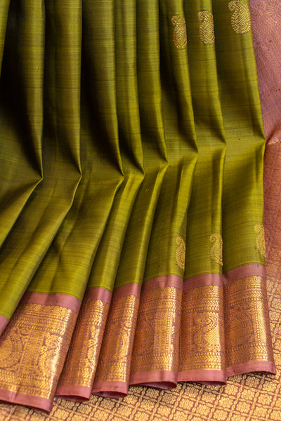 Mehendi green and mauve traditional small border pure Kanchipuram silk saree