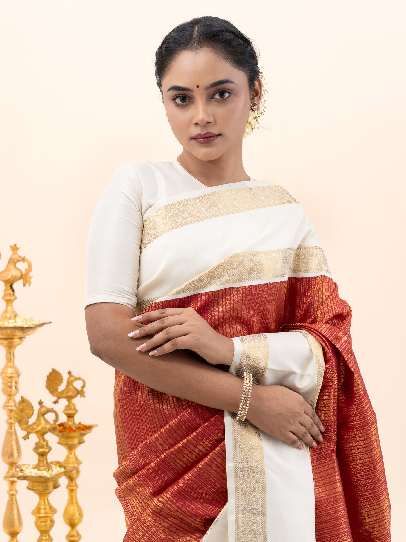 Ruby Red and Ivory Brocade Pure Kanchipuram Silk Saree