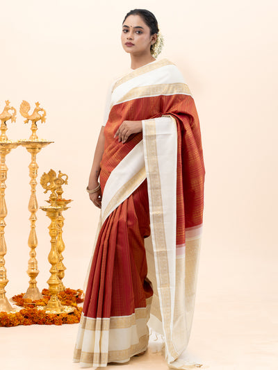 Ruby Red and Ivory Brocade Pure Kanchipuram Silk Saree