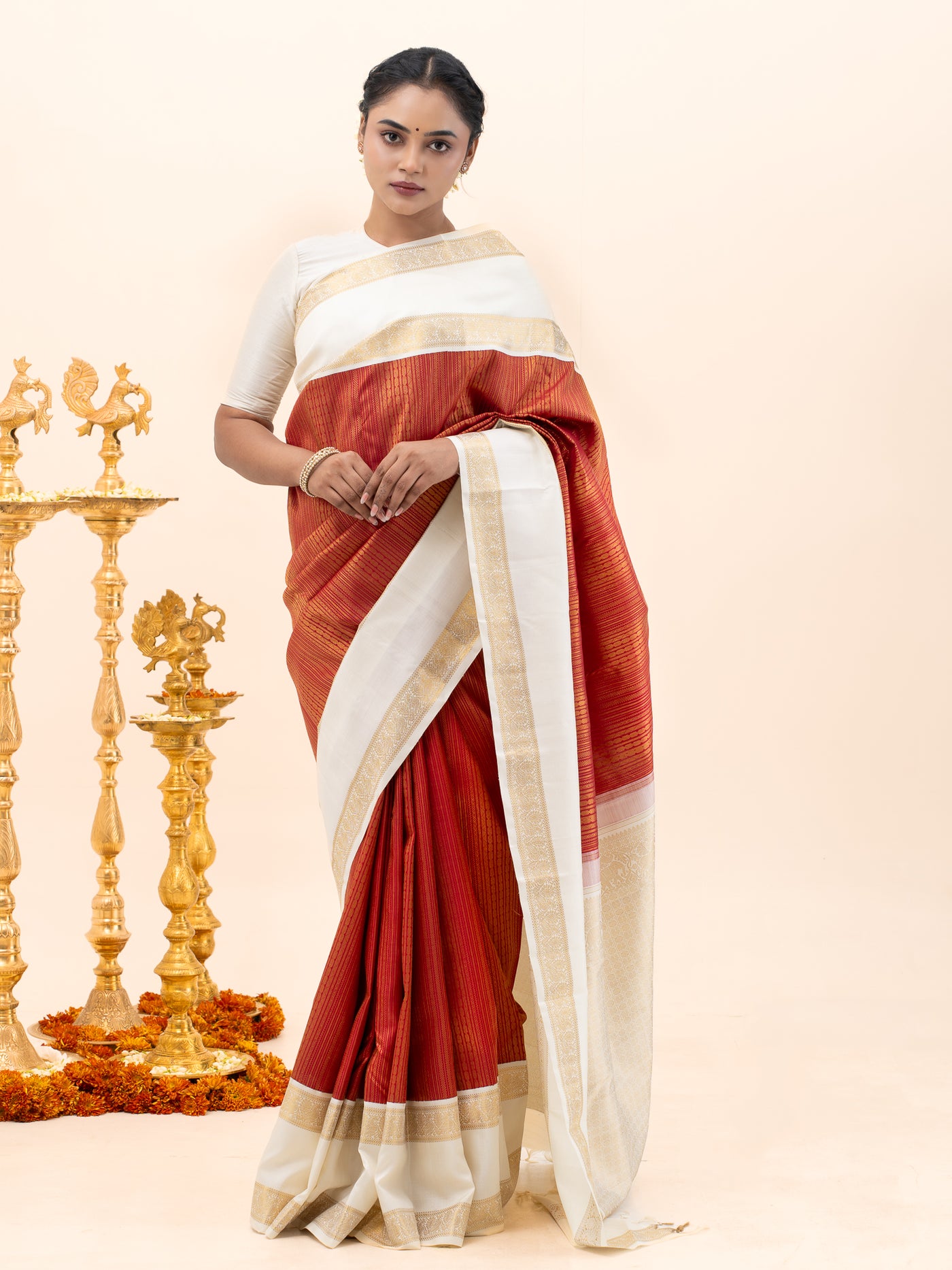 Ruby Red and Ivory Brocade Pure Kanchipuram Silk Saree