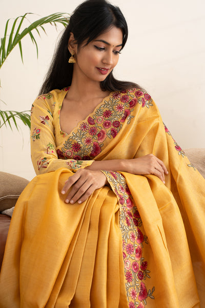 Yellow Floral Embroidered Pure Tussar Saree - Clio Silks