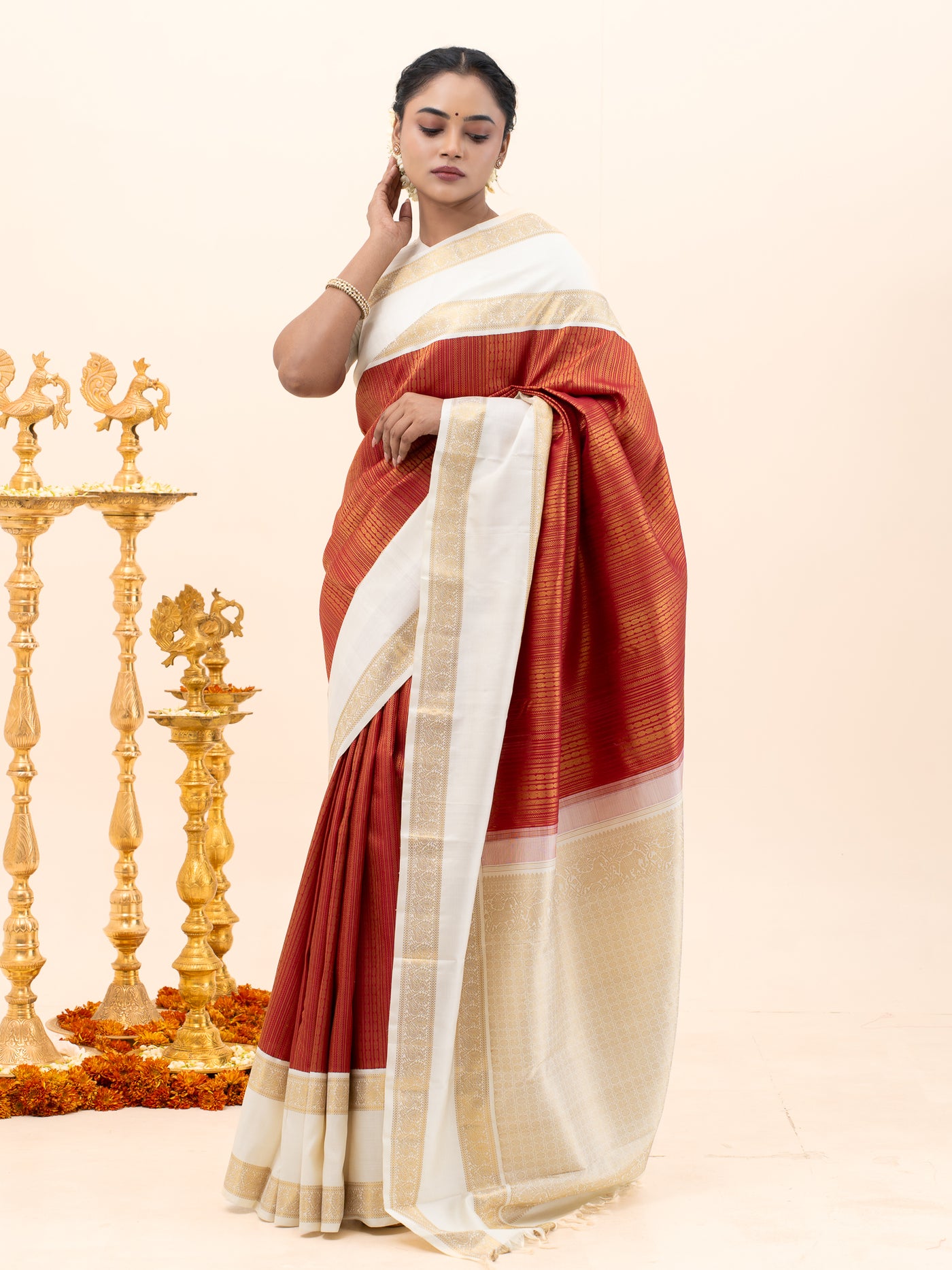 Ruby Red and Ivory Brocade Pure Kanchipuram Silk Saree