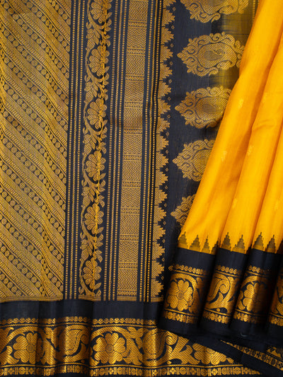 Yellow and Black Pure Gadwal Silk Saree - Clio Silks