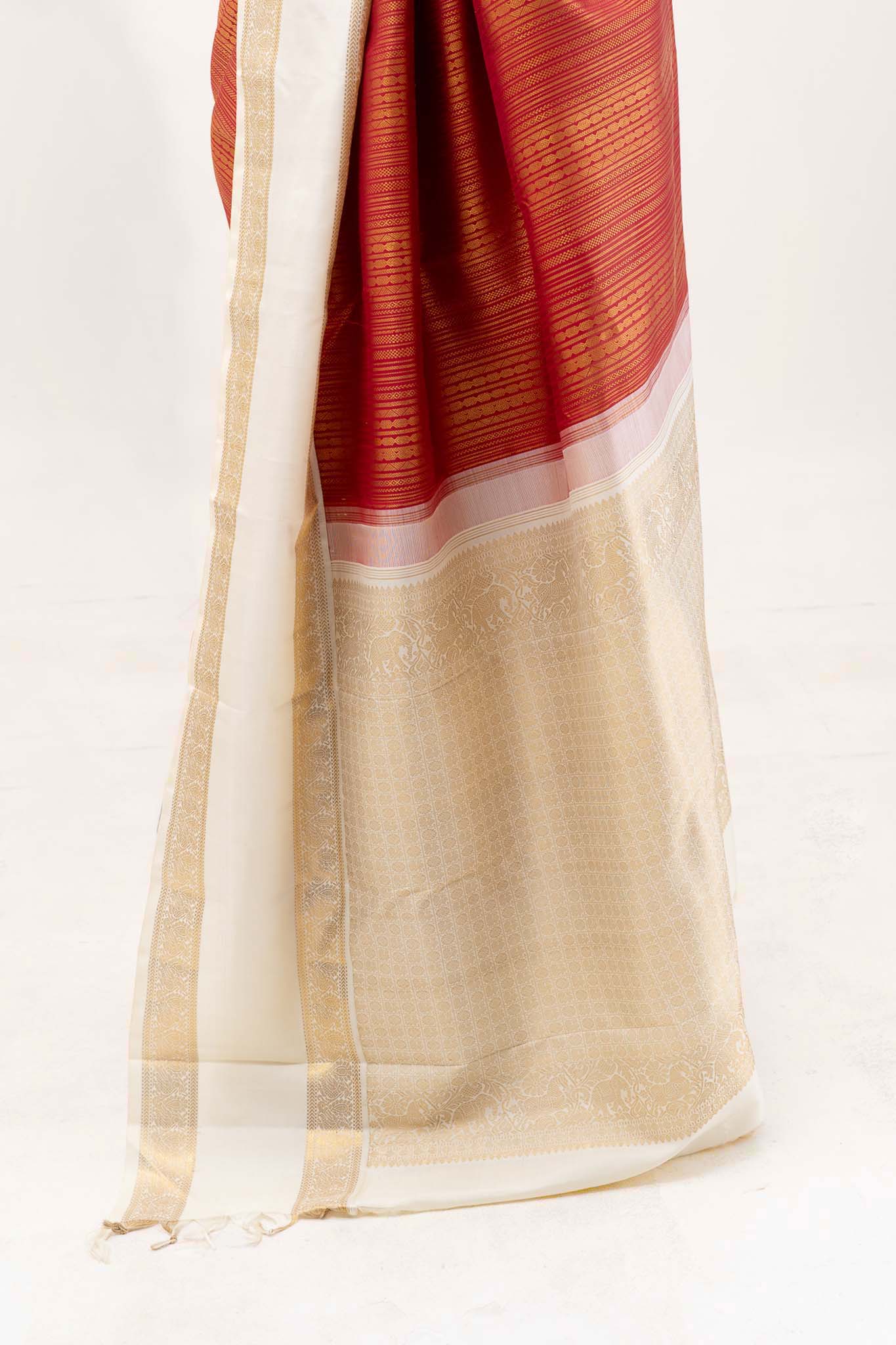 Ruby Red and Ivory Brocade Pure Kanchipuram Silk Saree