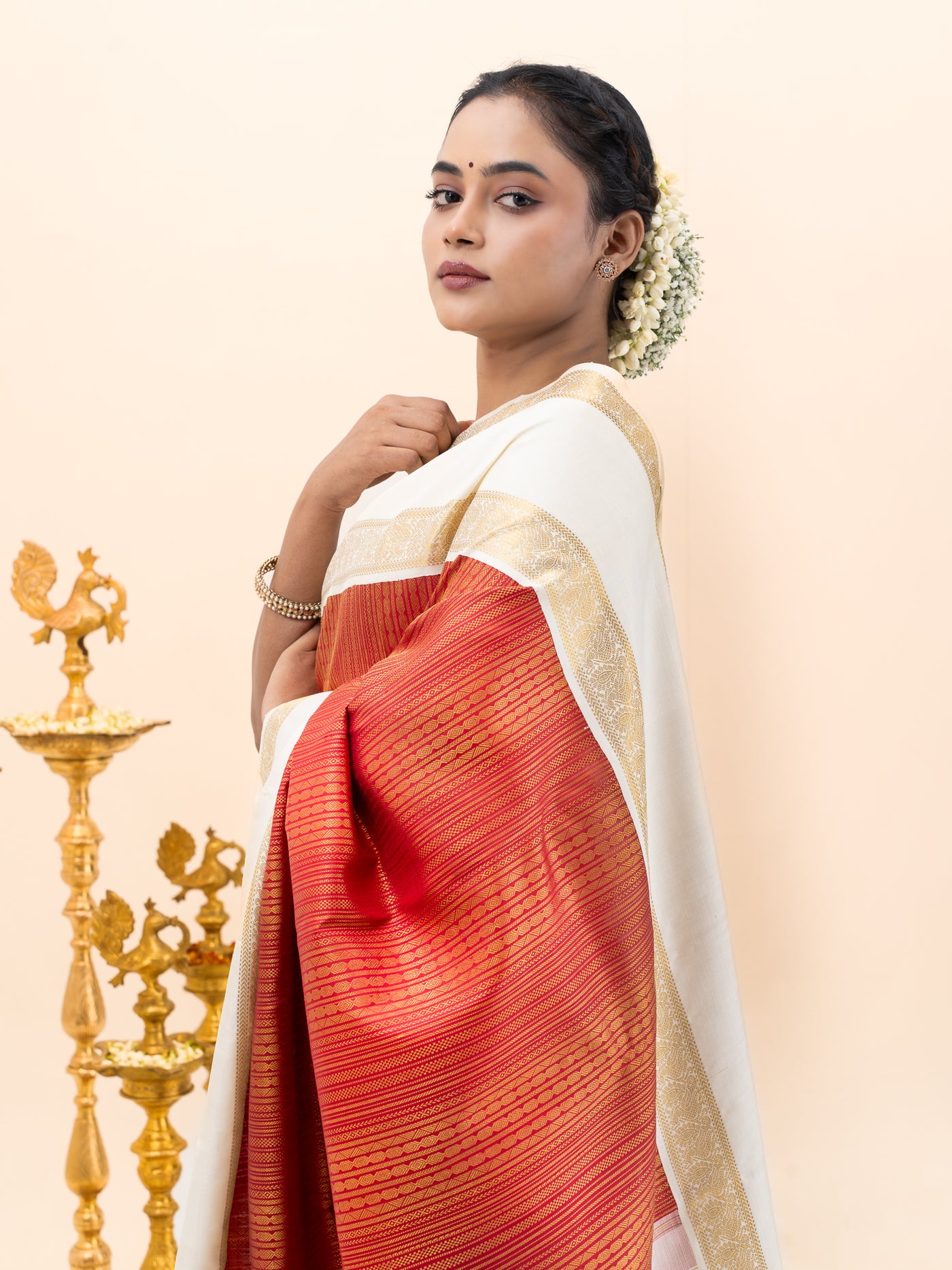 Ruby Red and Ivory Brocade Pure Kanchipuram Silk Saree