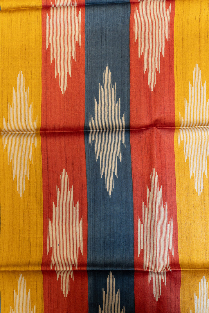 Beige and blue multi temple pure Tussar silk saree