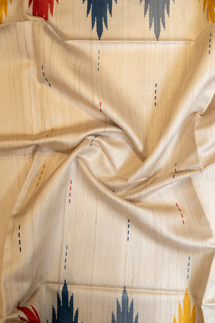 Beige and blue multi temple pure Tussar silk saree