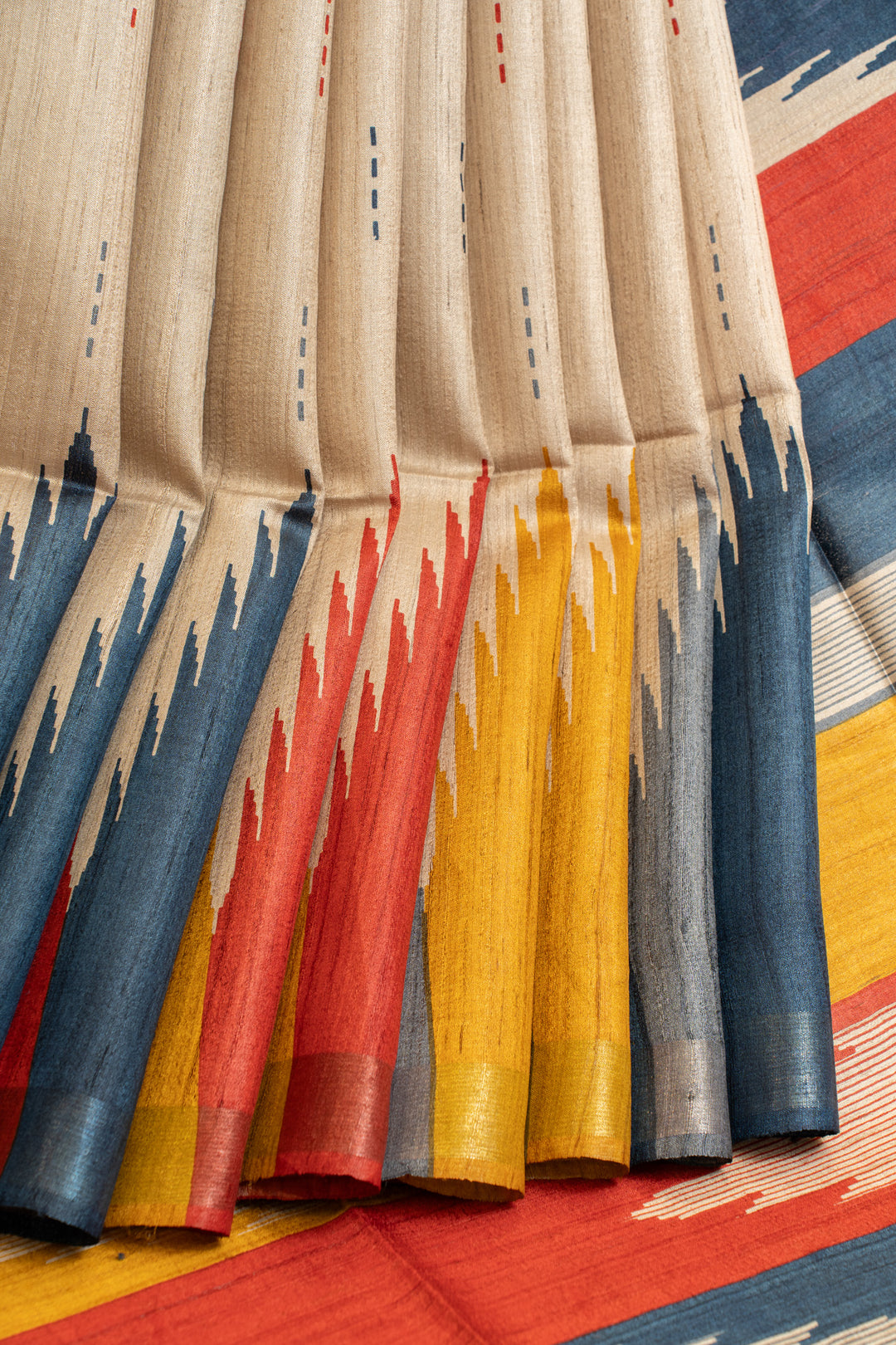Beige and blue multi temple pure Tussar silk saree