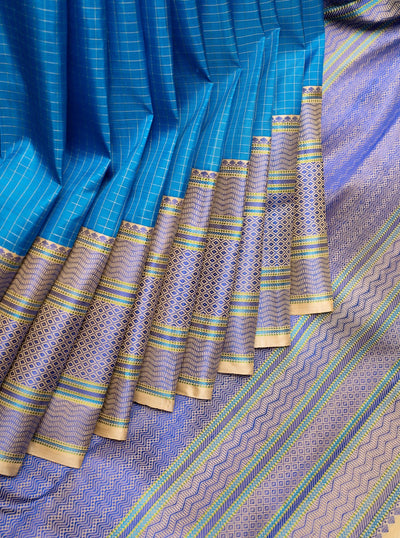 Ocean Blue Without Zari Pure Kanchipuram Silk Saree - Clio Silks