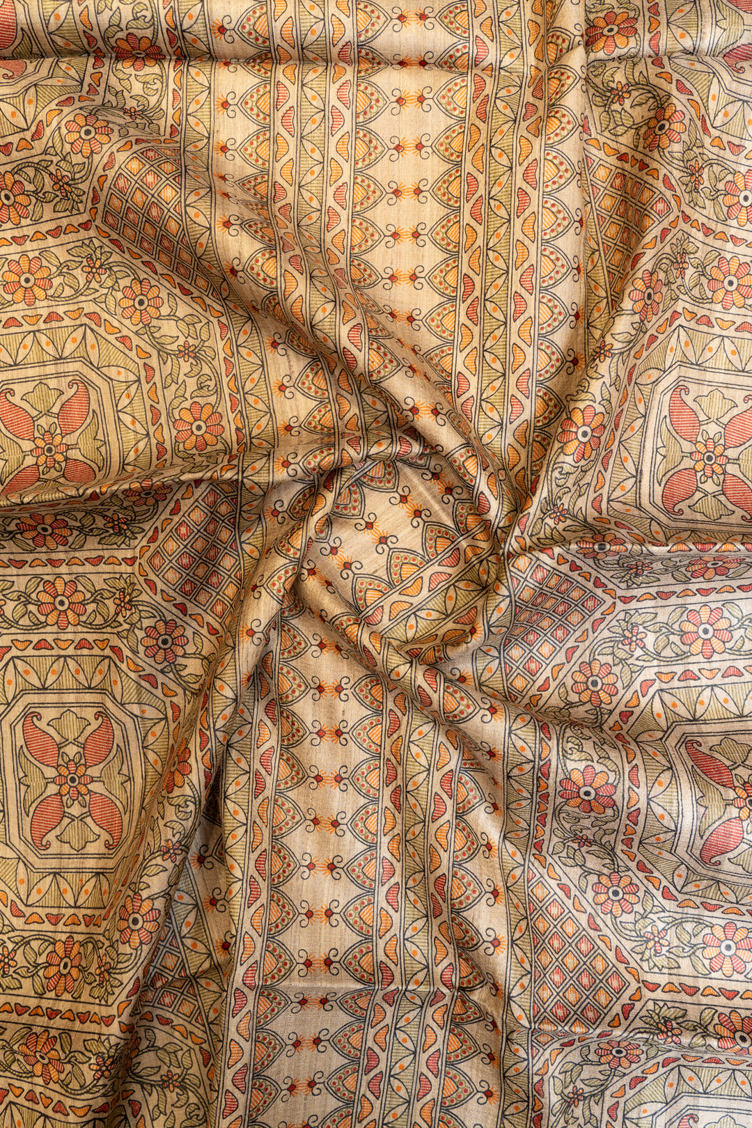 Beige and red madhubani pure Tussar silk saree