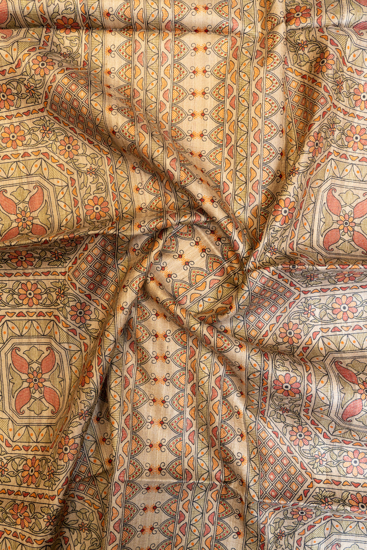 Beige and red madhubani pure Tussar silk saree