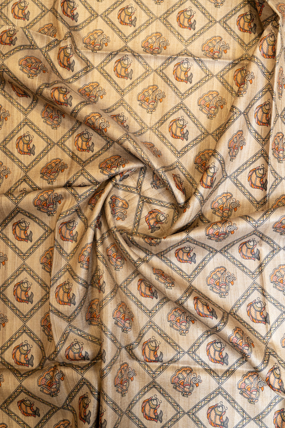 Beige and red madhubani pure Tussar silk saree