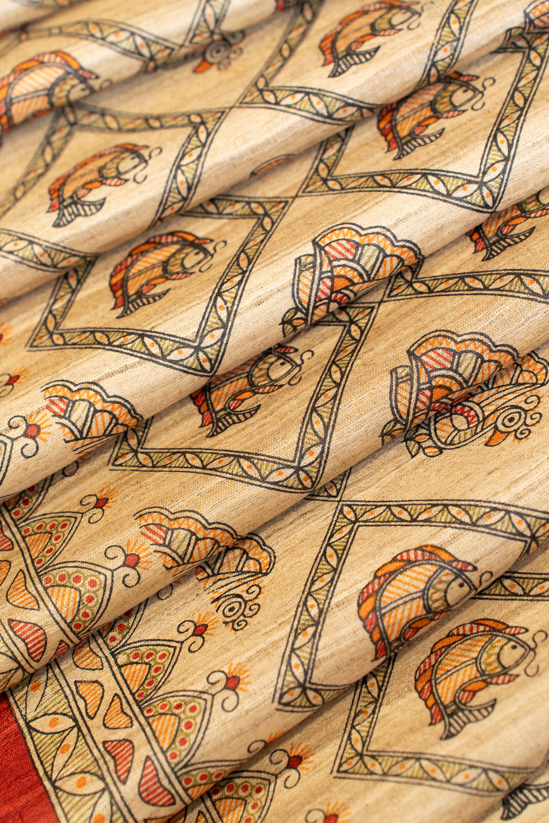 Beige and red madhubani pure Tussar silk saree
