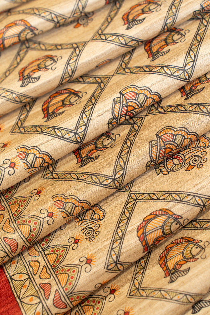 Beige and red madhubani pure Tussar silk saree