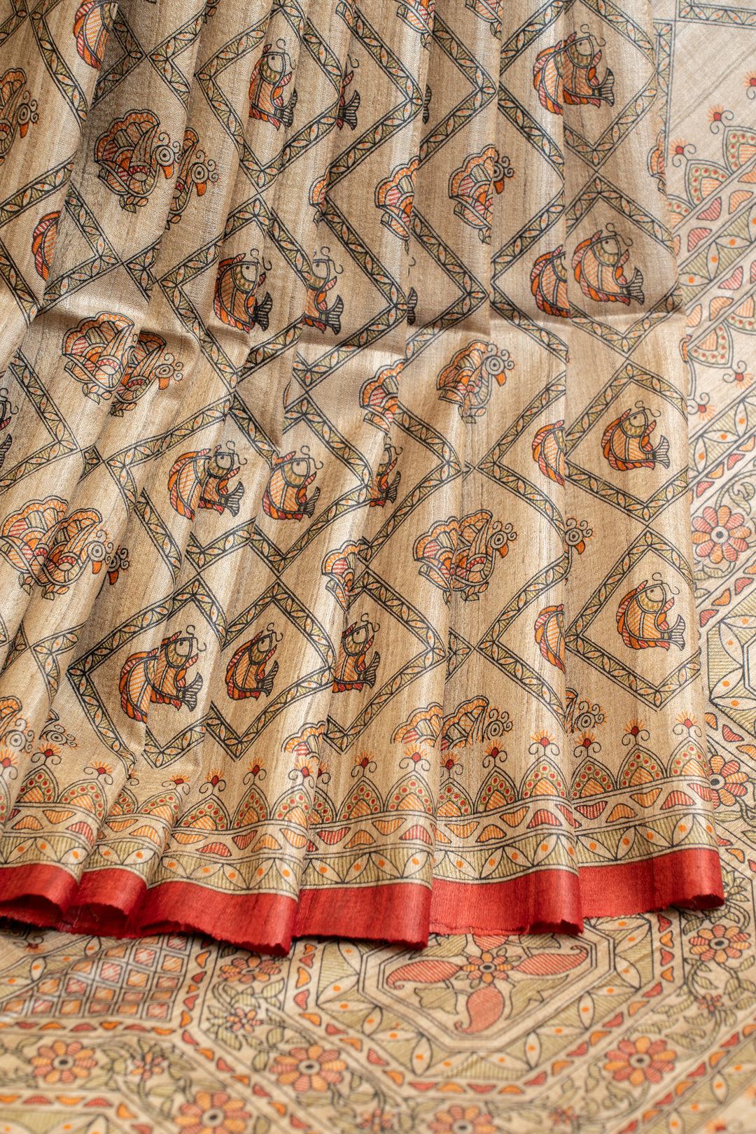 Beige and red madhubani pure Tussar silk saree