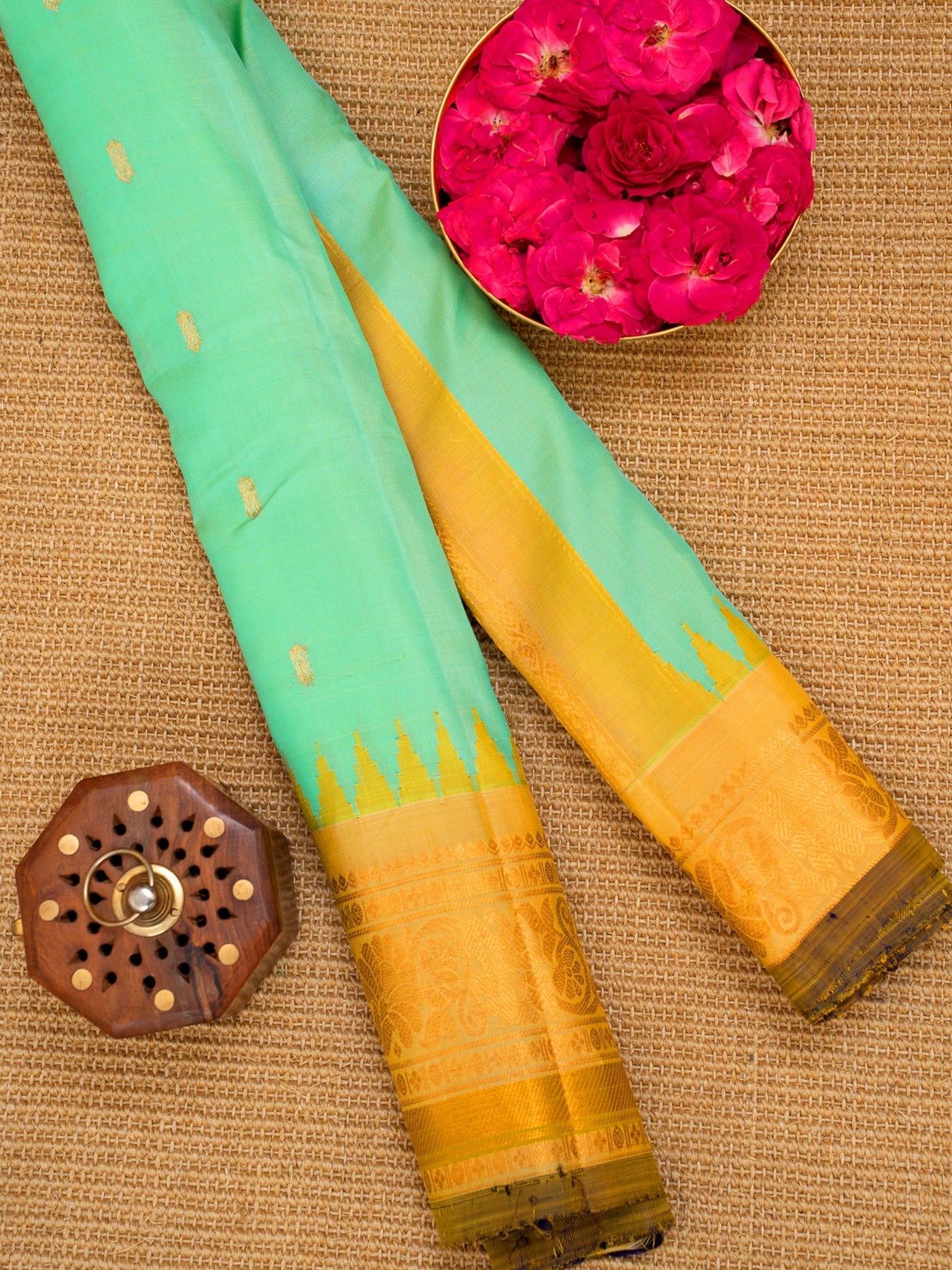 Cyan Green and Mustard Pure Gadwal Silk Saree - Clio Silks