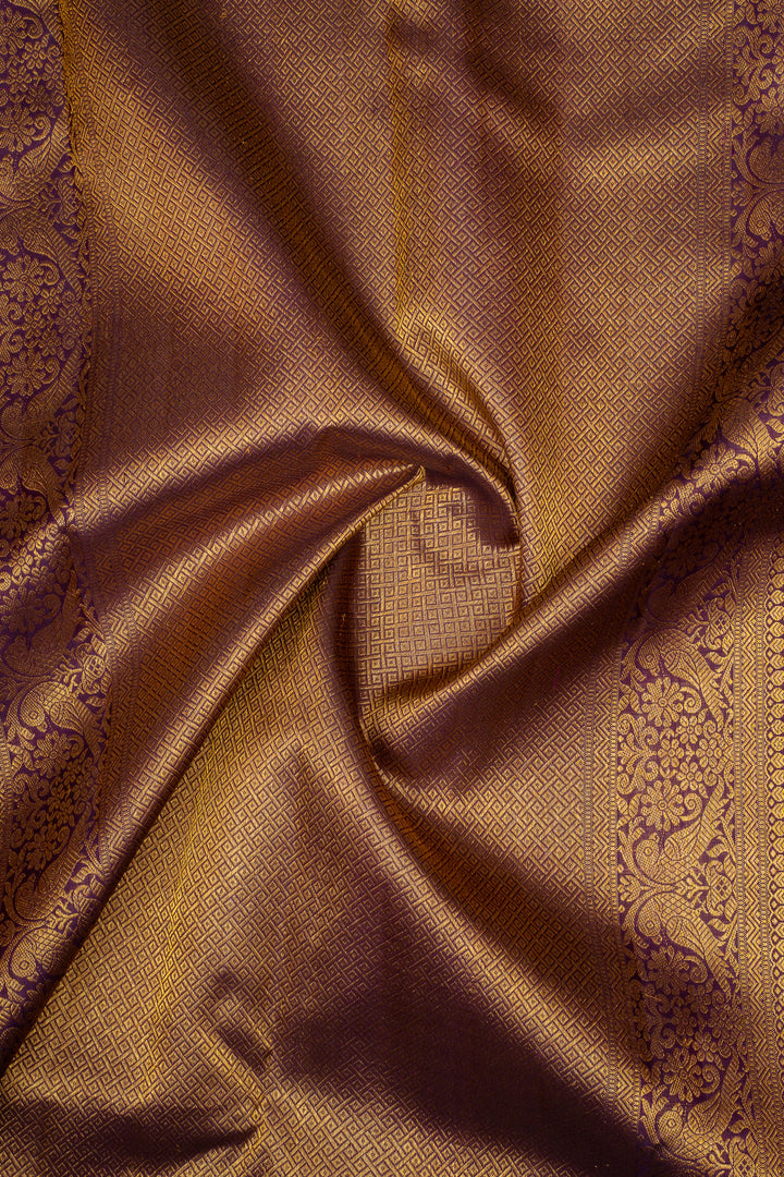 Mustard and Purple Zari Checks Traditional Pure Kanchipuram Silk Saree