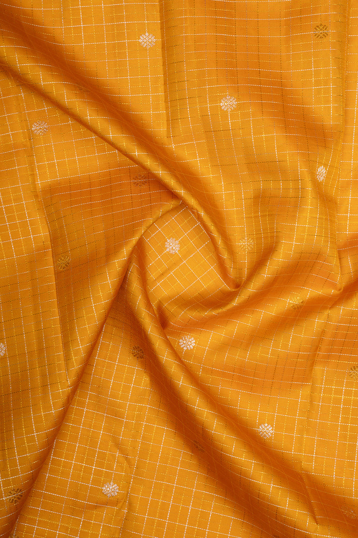 Mustard and Purple Zari Checks Traditional Pure Kanchipuram Silk Saree