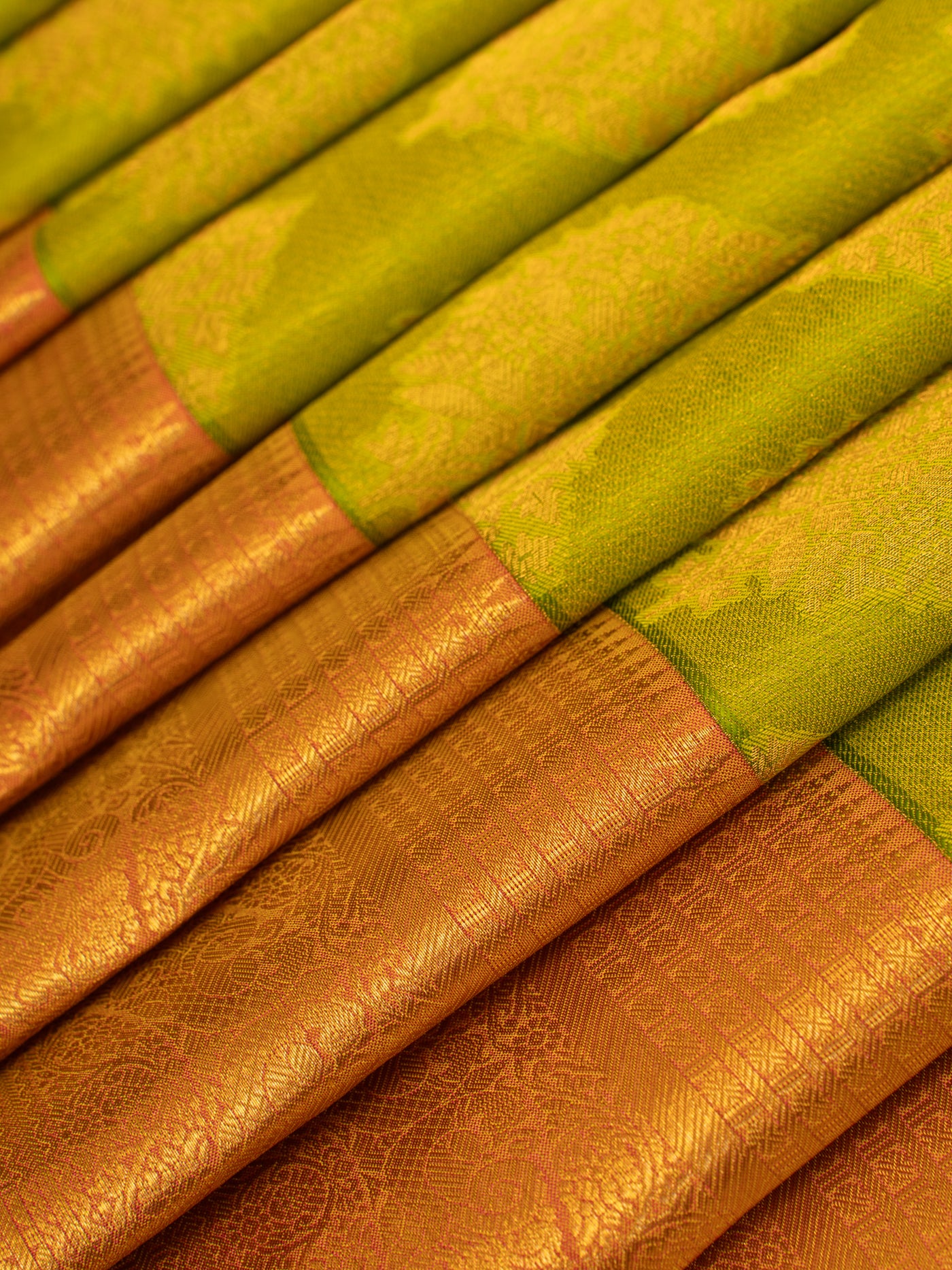 Leaf green and peach brocade Kanchipuram silk saree