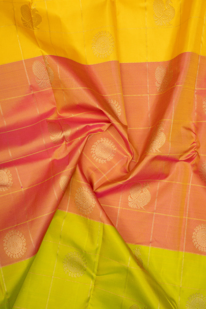 Lime Green, Orange and Yellow Mupagam Pure Kanchipuram Silk Saree