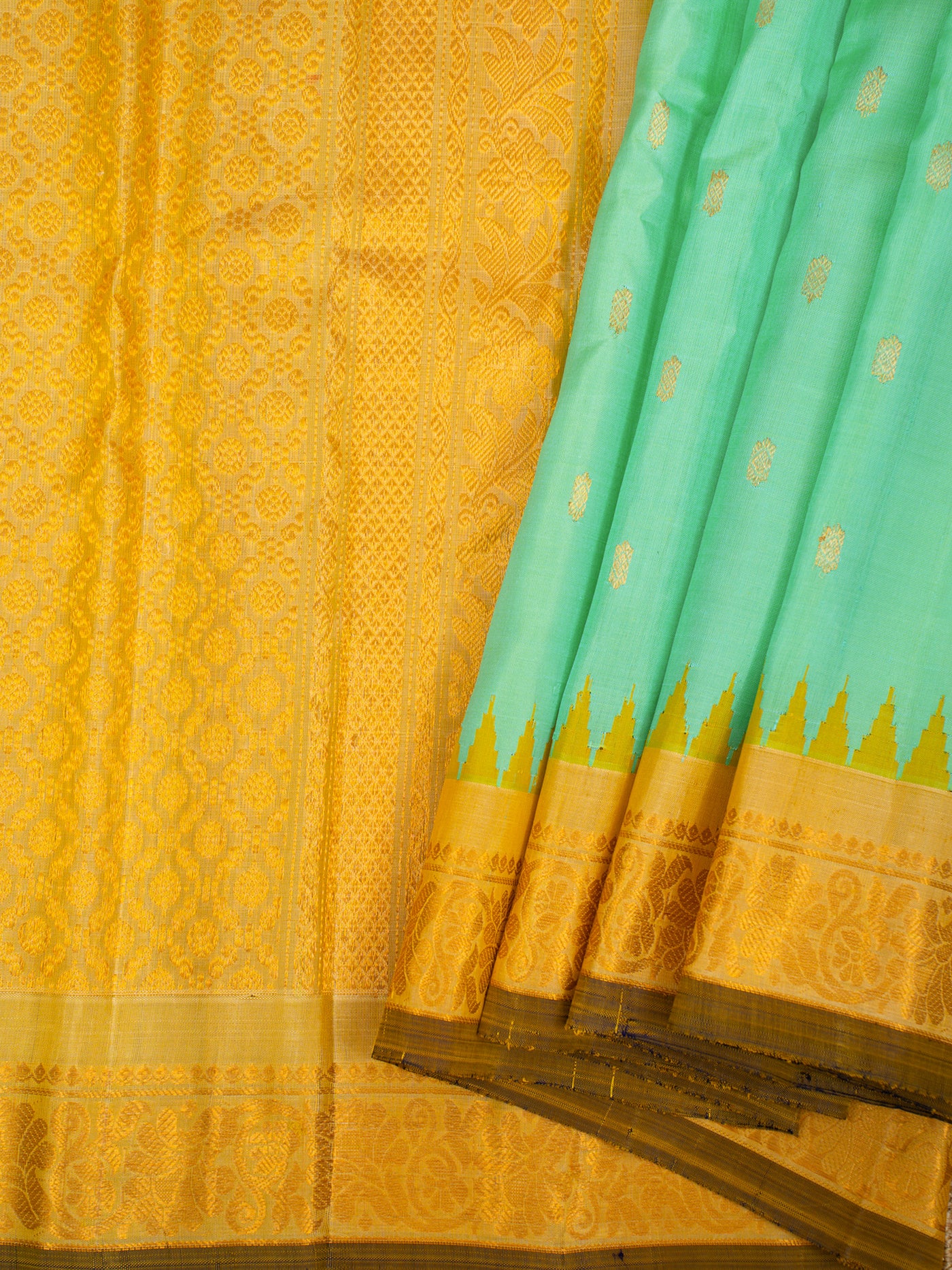 Cyan Green and Mustard Pure Gadwal Silk Saree - Clio Silks