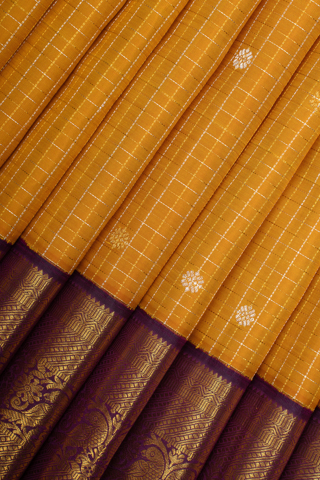 Mustard and Purple Zari Checks Traditional Pure Kanchipuram Silk Saree