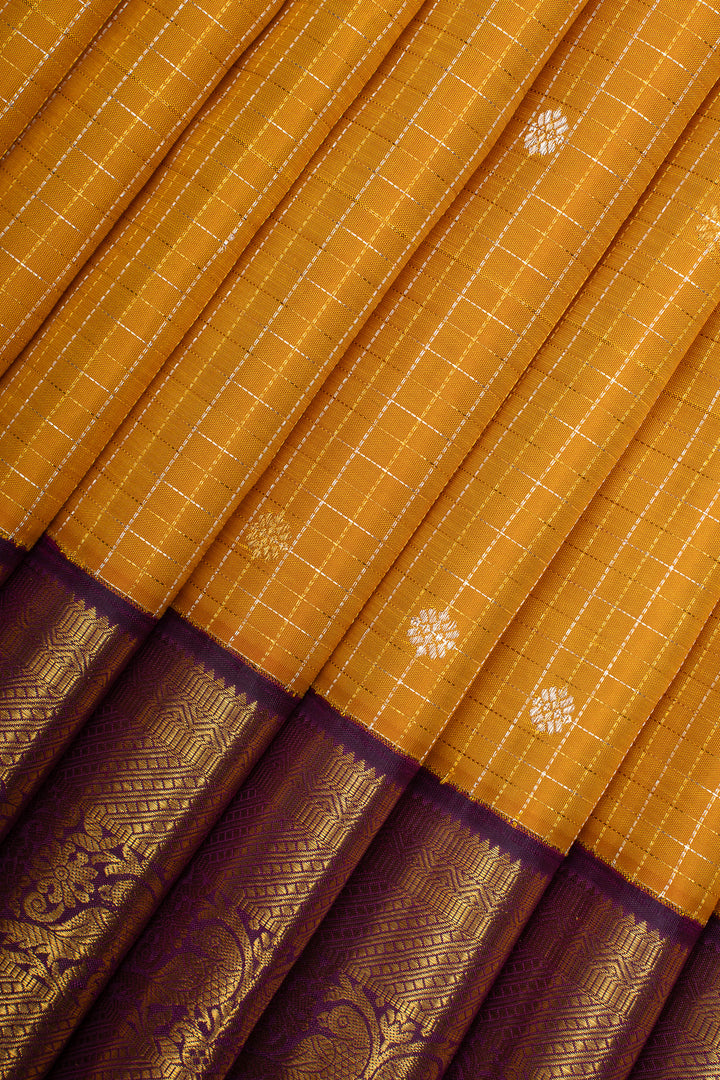 Mustard and Purple Zari Checks Traditional Pure Kanchipuram Silk Saree