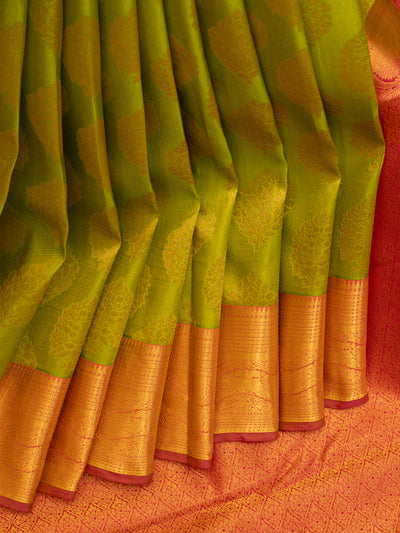 Leaf green and peach brocade Kanchipuram silk saree