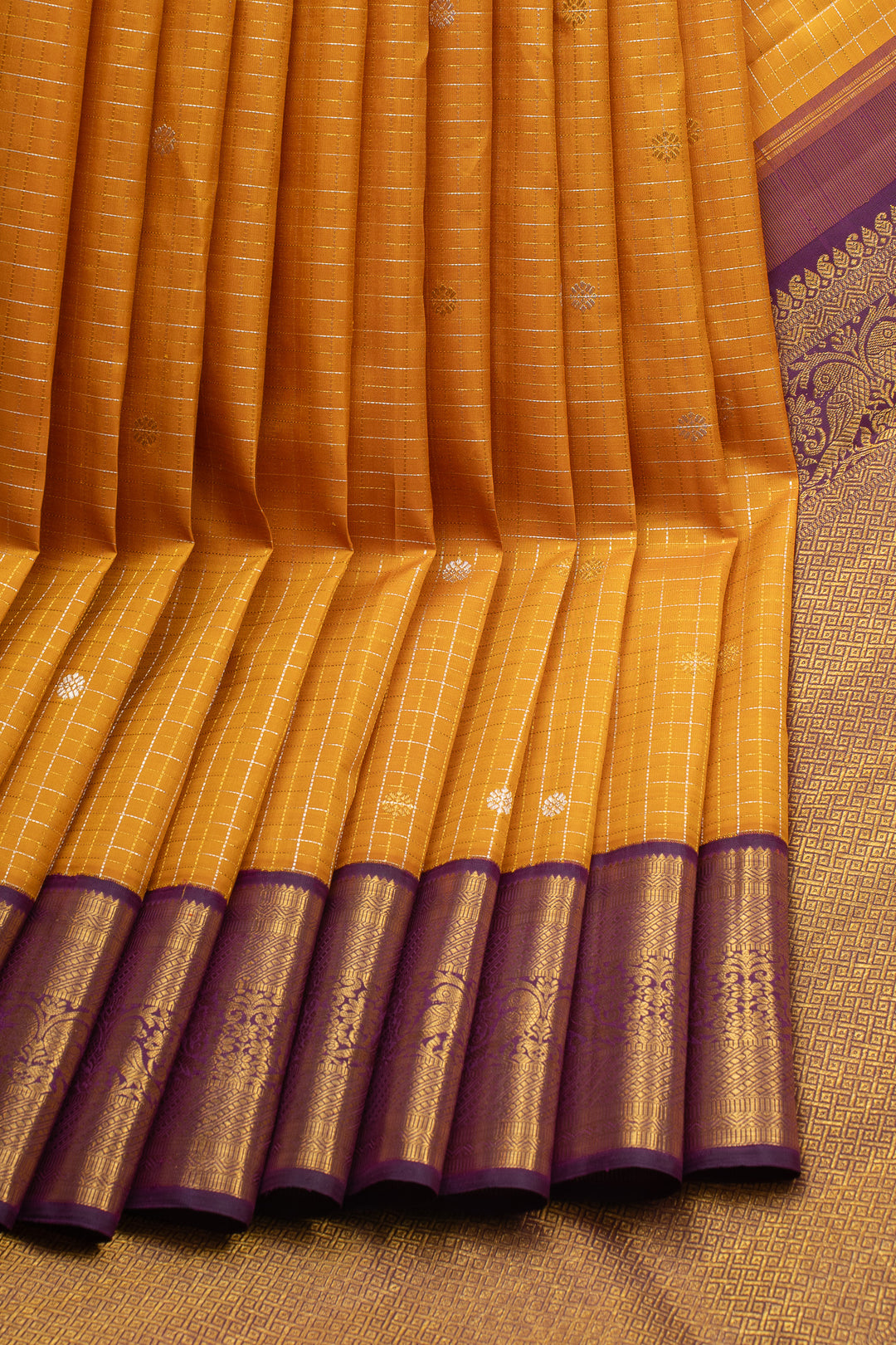 Mustard and Purple Zari Checks Traditional Pure Kanchipuram Silk Saree