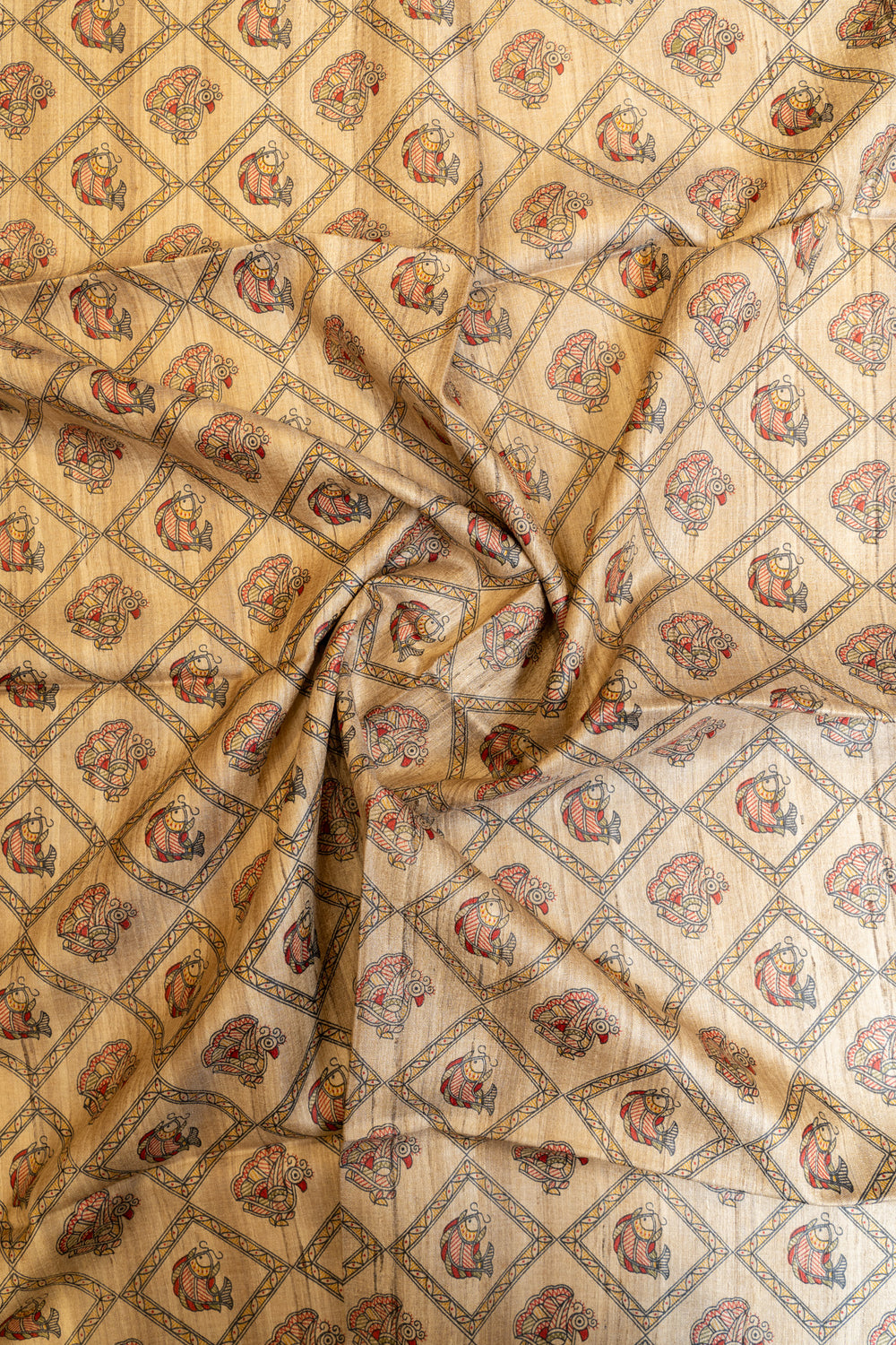 Beige and green Madhubani pure Tussar silk saree