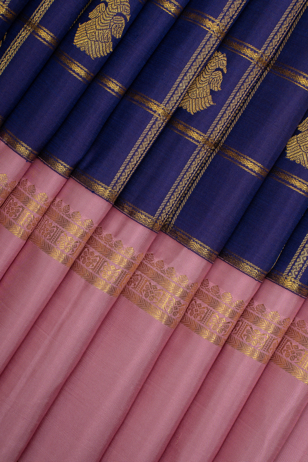 MS Blue and Lotus Pink Iruthalaipakshi Checks Pure Kanchipuram Silk Saree