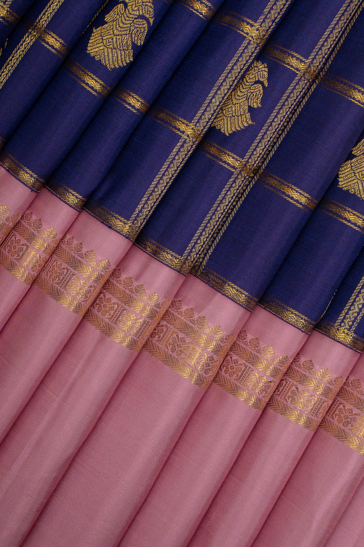 MS Blue and Lotus Pink Iruthalaipakshi Checks Pure Kanchipuram Silk Saree