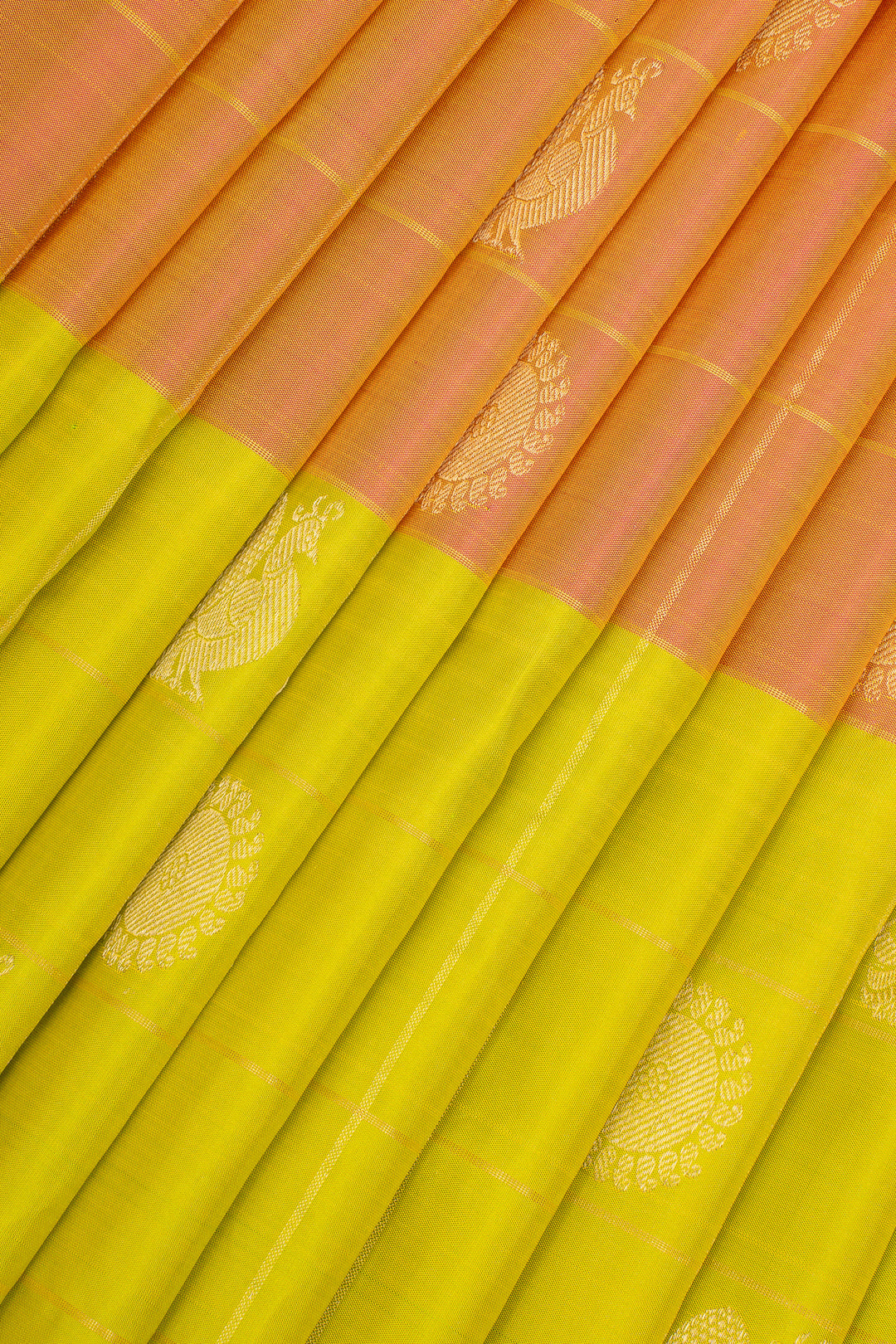 Lime Green, Orange and Yellow Mupagam Pure Kanchipuram Silk Saree