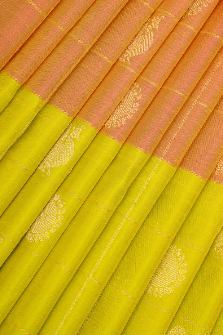 Lime Green, Orange and Yellow Mupagam Pure Kanchipuram Silk Saree