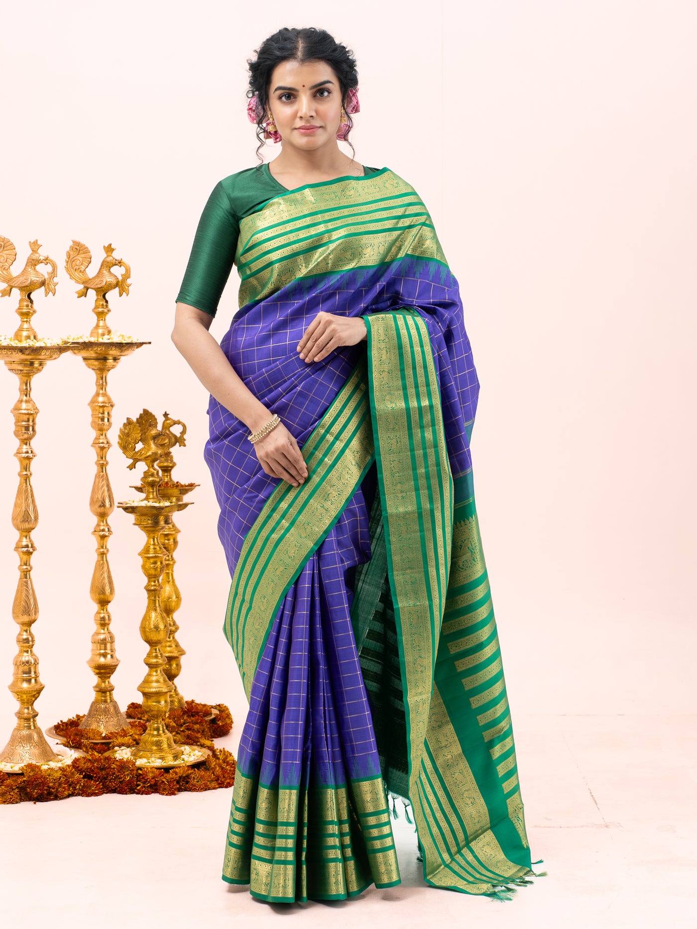 Indigo Blue and Green Traditional Pure Zari Kanchipuram Silk Saree