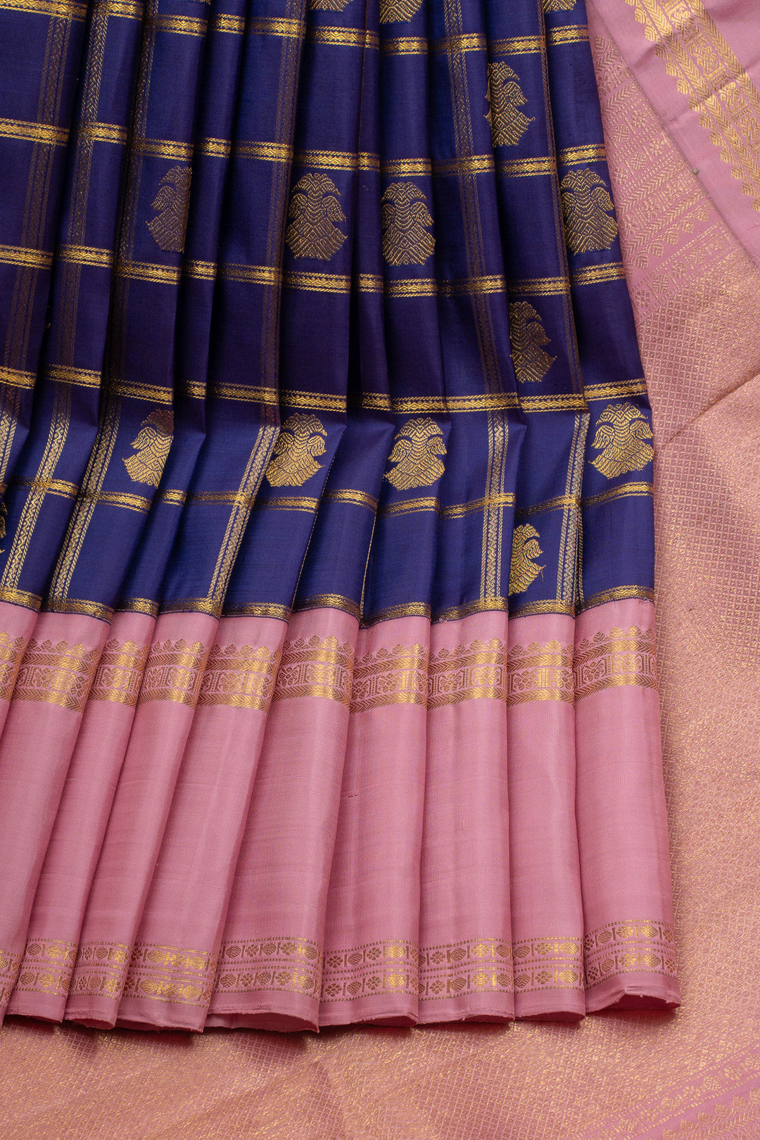 MS Blue and Lotus Pink Iruthalaipakshi Checks Pure Kanchipuram Silk Saree